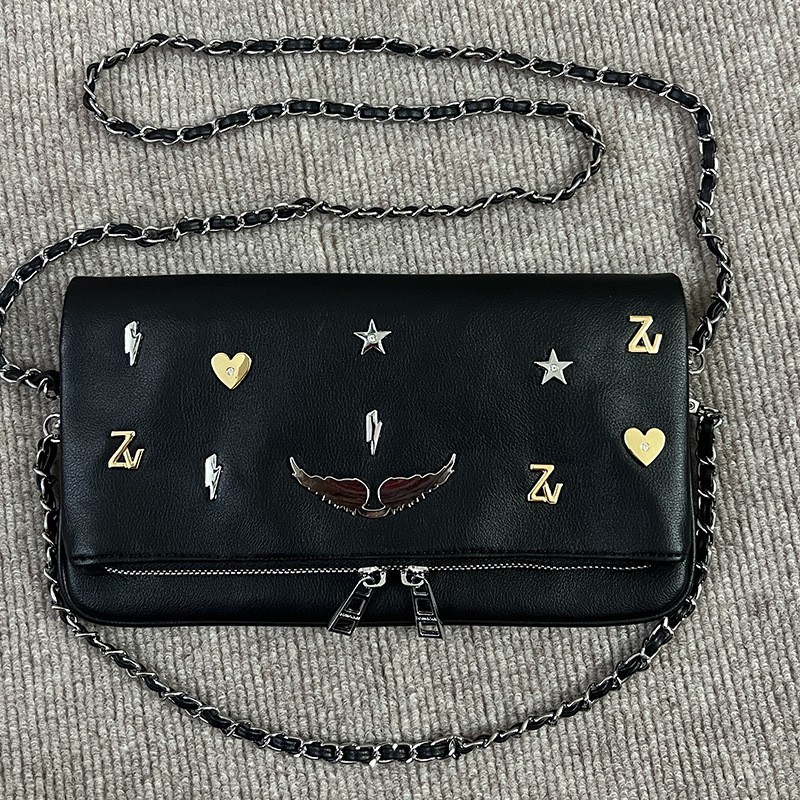 Zadig & Voltaire Rock Wing Black Leather Bag Metal Charms Crossbody 27x15cm