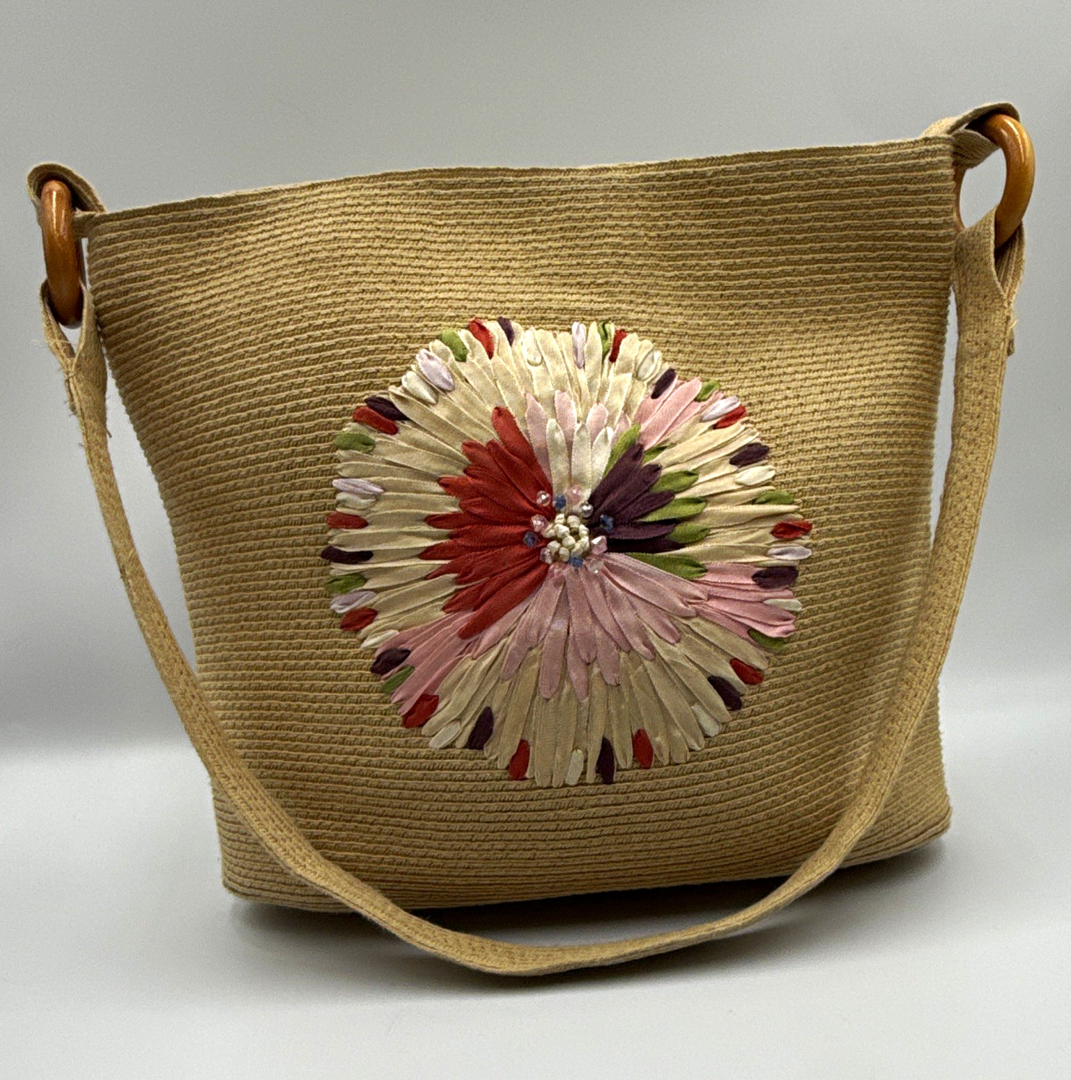 Kaela Beige Floral Applique Beaded Shoulder Bag Zip Top Lined Inner Pockets
