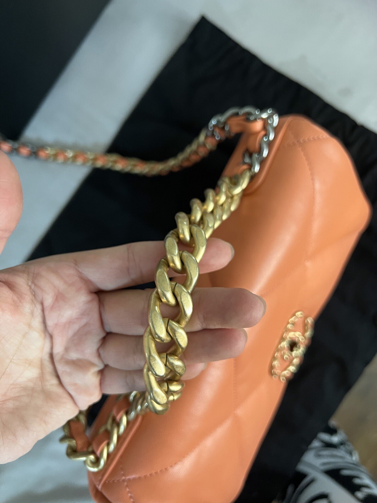 CHANEL 19 HANDBAG Lambskin, Gold-Tone, Silver-Tone&Ruthenium-Finish Metal CORAL