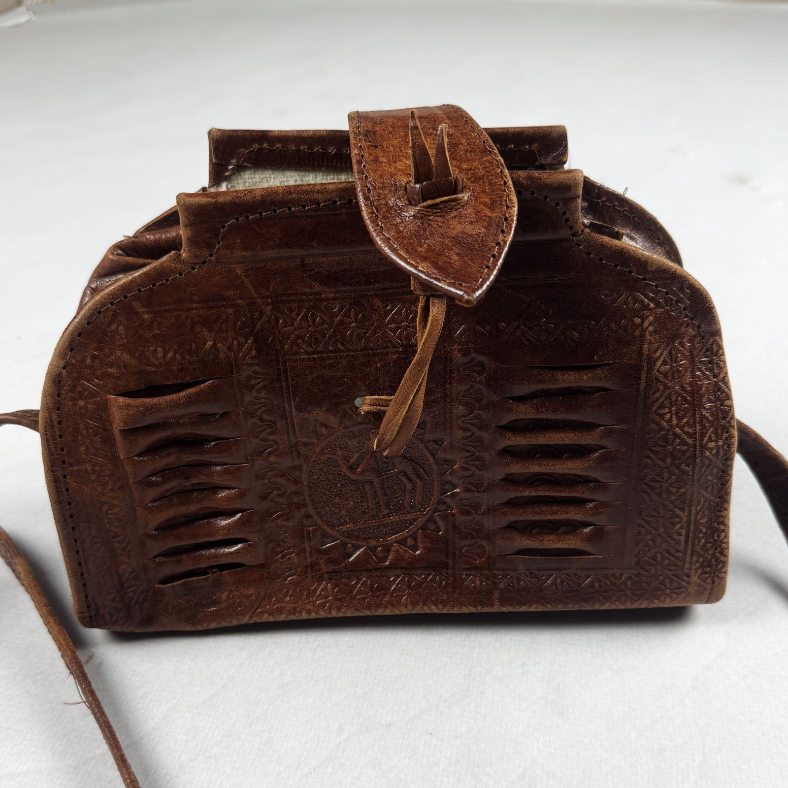 Vintage Brown Genuine Leather Tooled Crossbody Shoulder Bag Boho Western Handmad