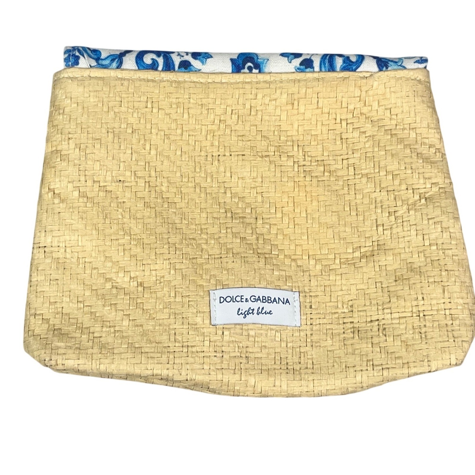 Dolce & Gabbana Light Blue Raffia Majolica Print Clutch Bag Beige Blue White