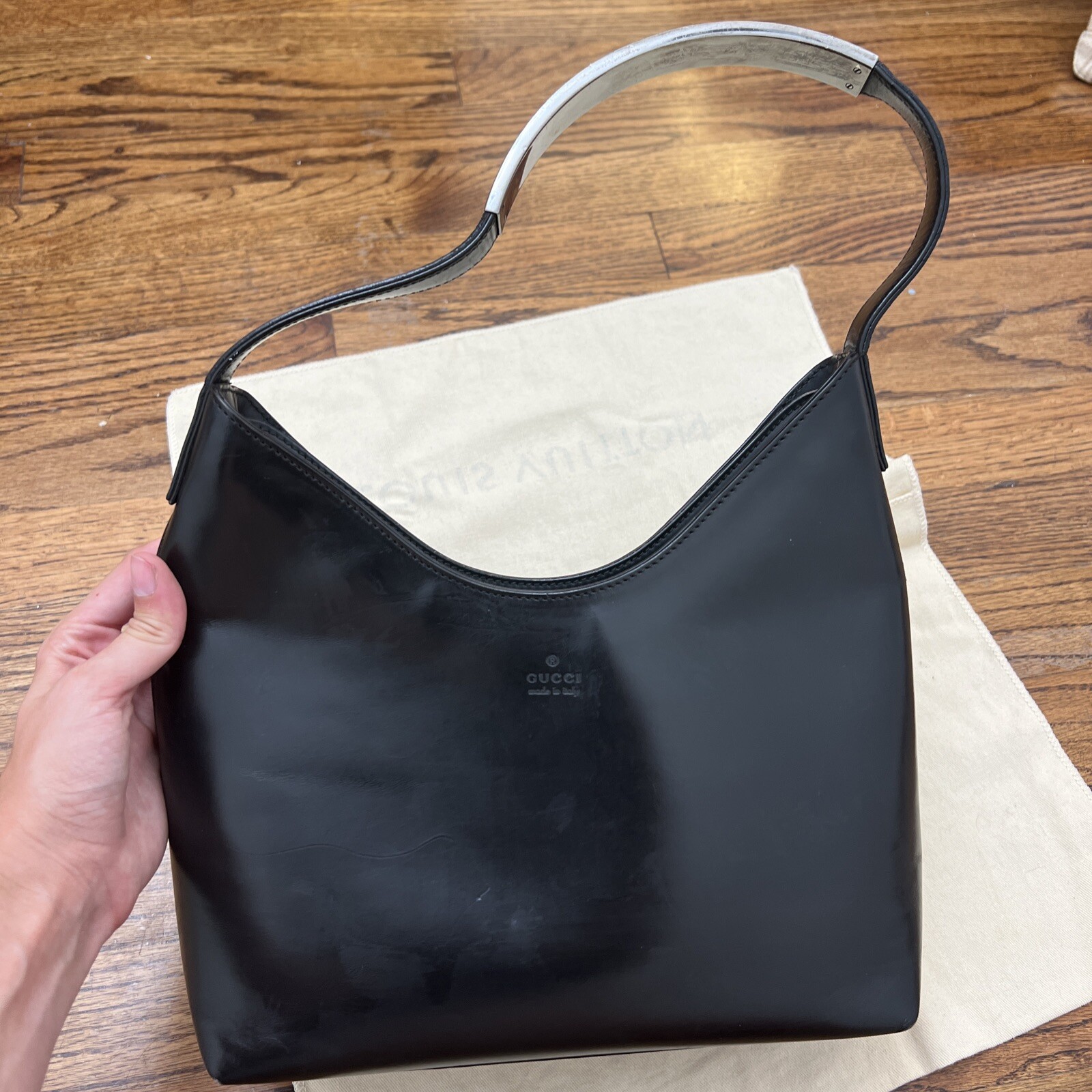 Gucci Handbag Shoulder Bag Leather Black Simple Design Italy See Photo