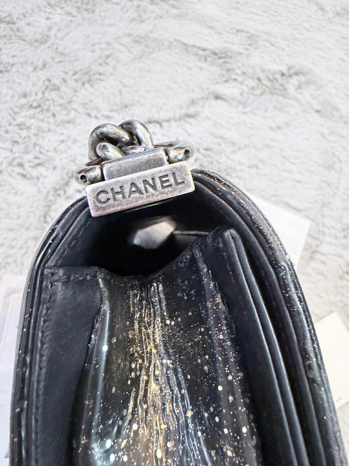 Chanel Boy Bag Medium Crystal Glitter Patent Leather 17-Series Authentic RARE