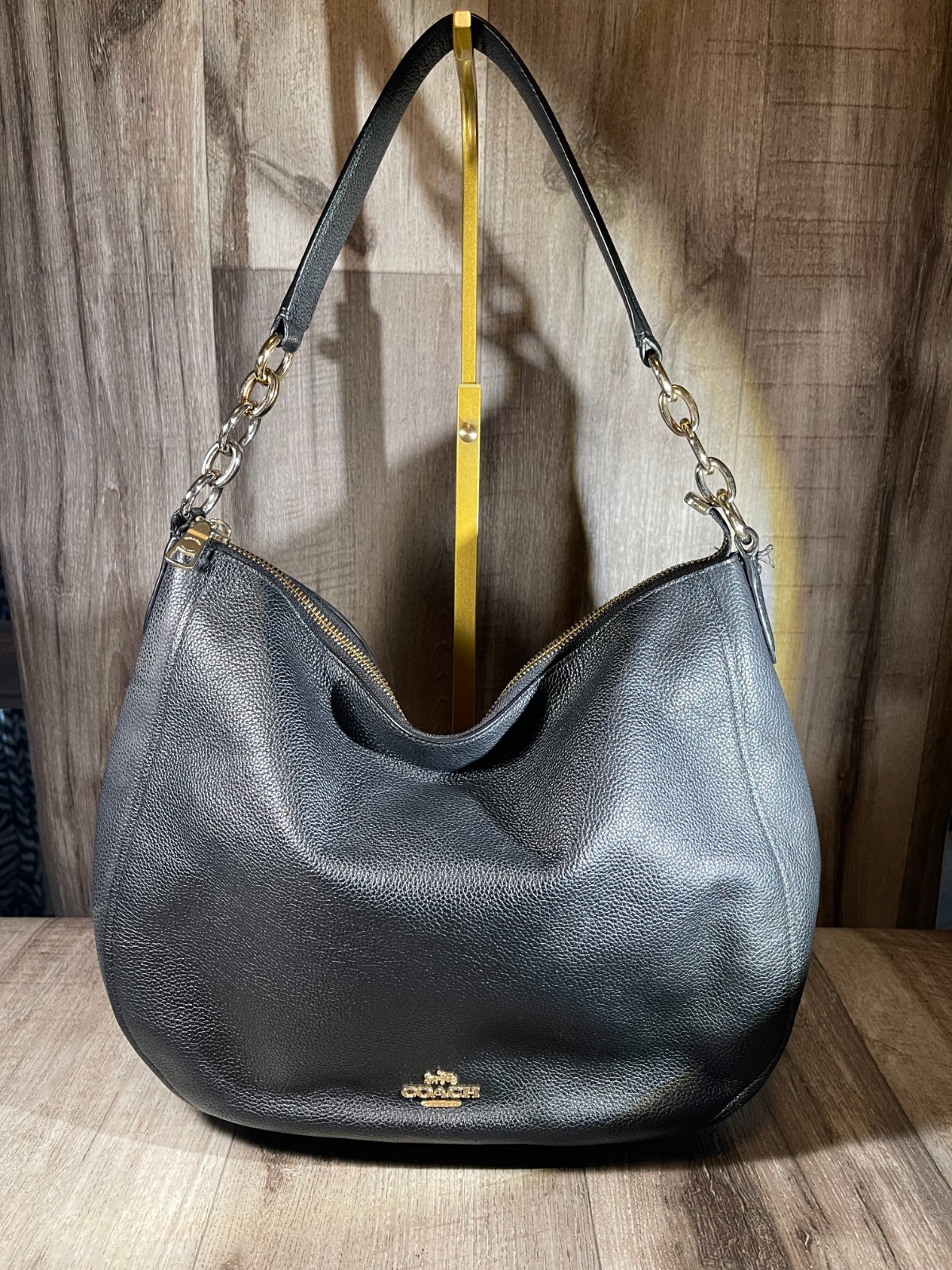 Coach Elle Hobo Purse Black Pebbled Leather Chain Shoulder Bag Classic
