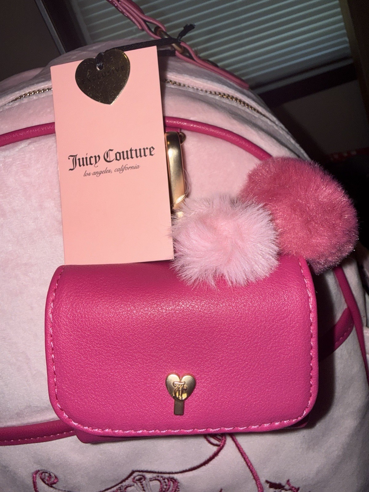 Juicy Couture Pink Backpack Zip Top Handle Heart Charm Pouch Gold Hardware