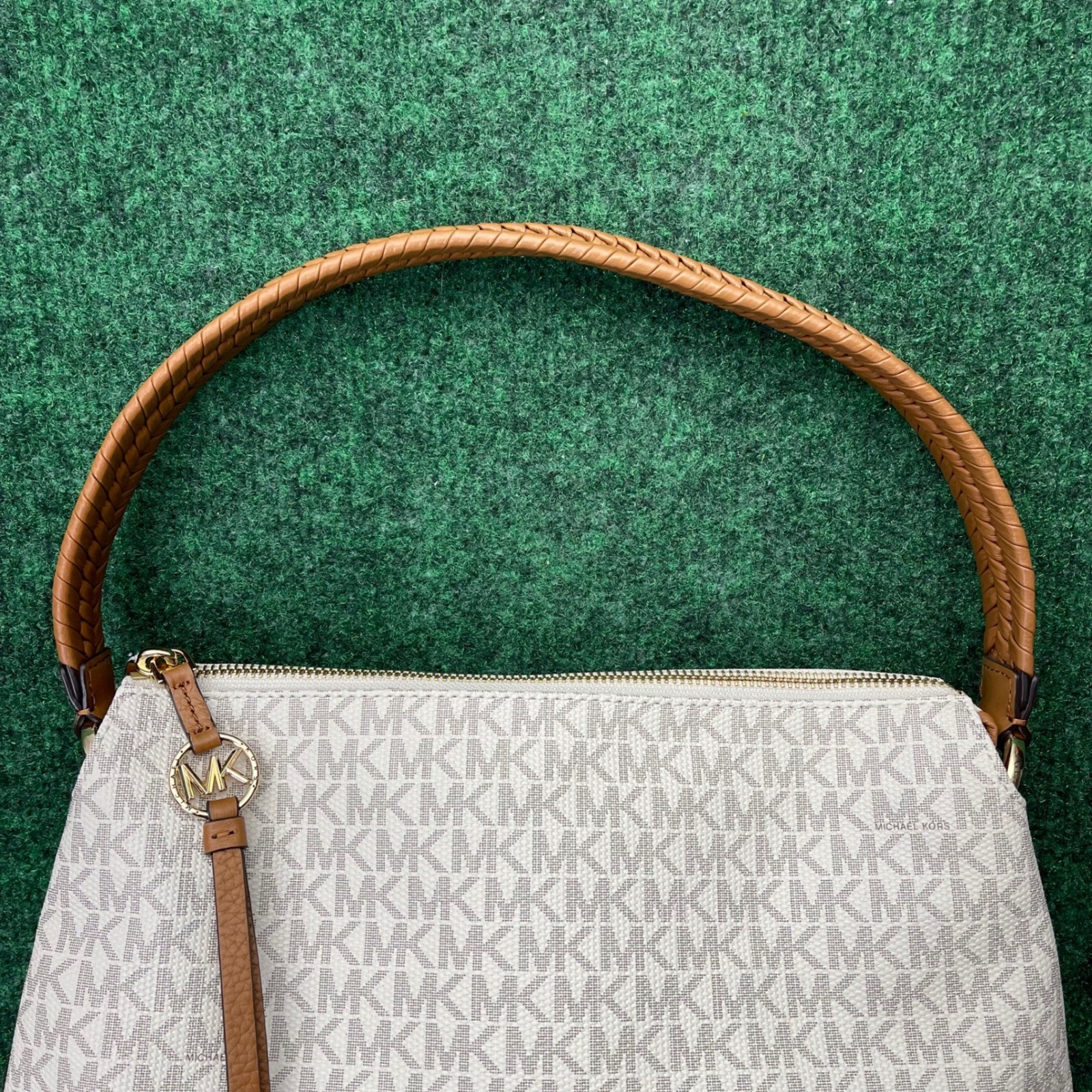 Michael Kors Cream MK Logo Print Shoulder Bag Braided Handle Designer Purse