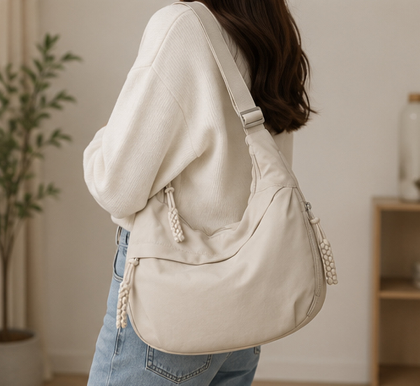 Beige Minimalist Bag, Neutral Half Moon Shoulder Bag