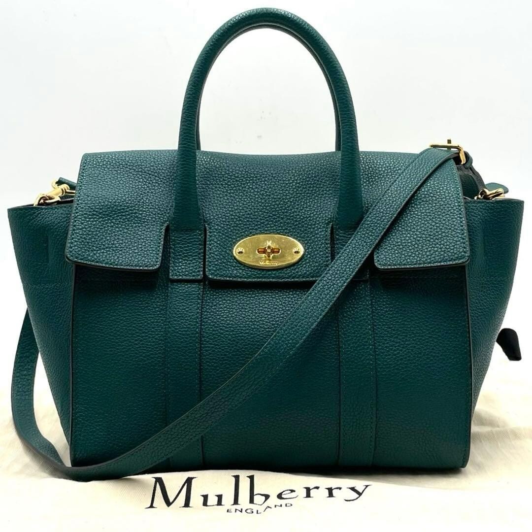 Mulberry Bayswater Green Leather 2Way Shoulder Handbag Gold Auth