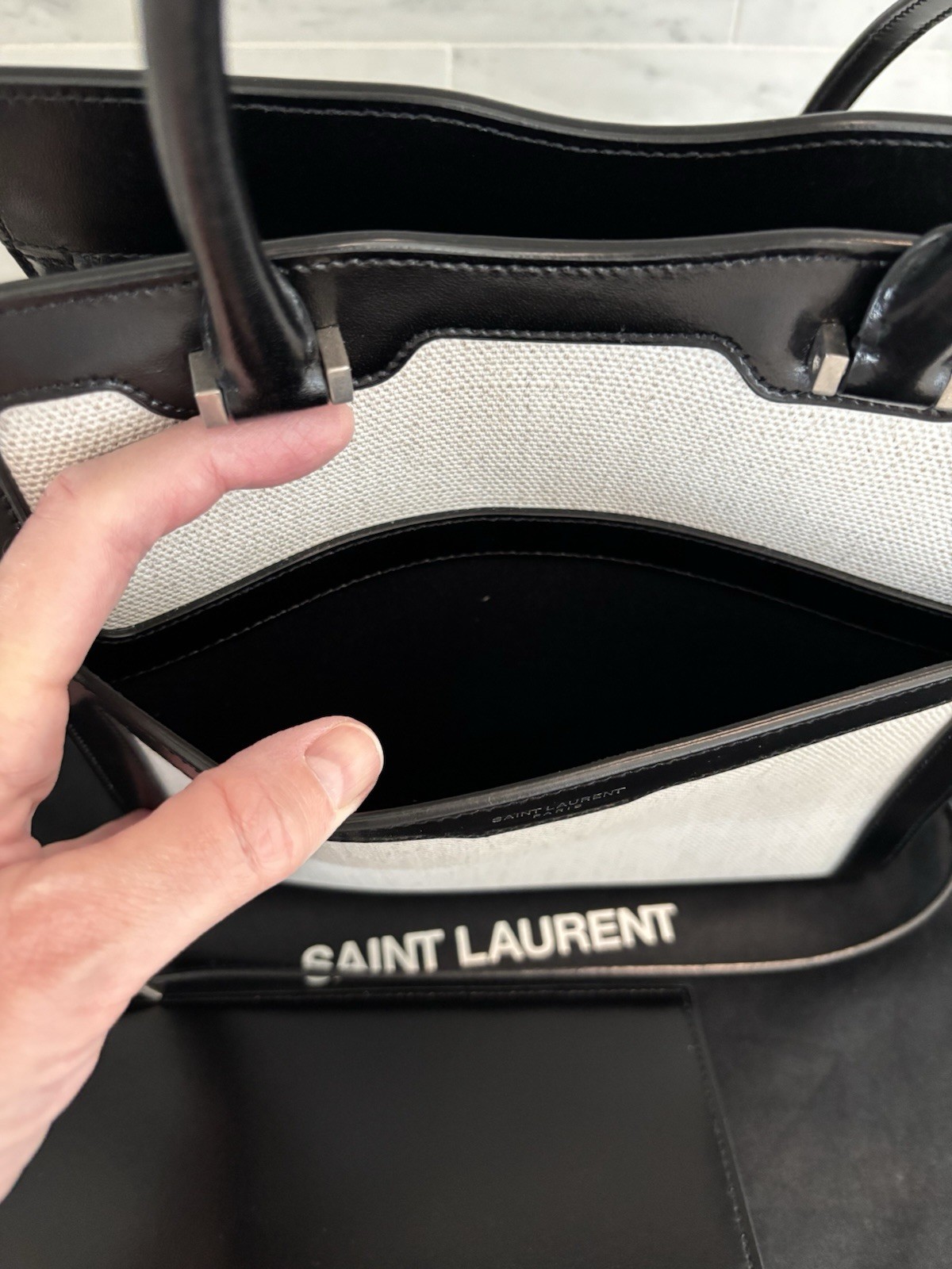 YSL Saint Laurent Uptown NWT Linen & Black Leather Mini With Removable Pouch