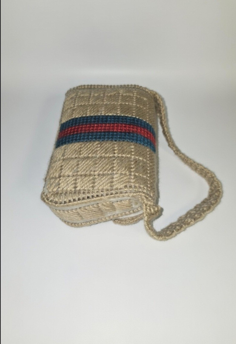 Beige Striped Shoulder Bag Red Blue Accent Rectangle Casual Beach Medium