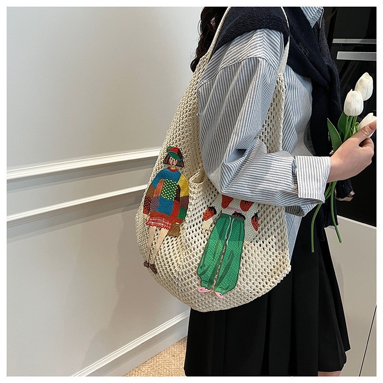 Women’s Hollow Mesh Knit Shoulder Tote Bag Slouchy Beach Woven Handbag
