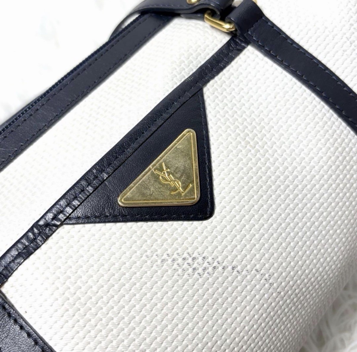 Yves Saint Laurent Vintage White Navy Boston Handbag Gold Logo YSL
