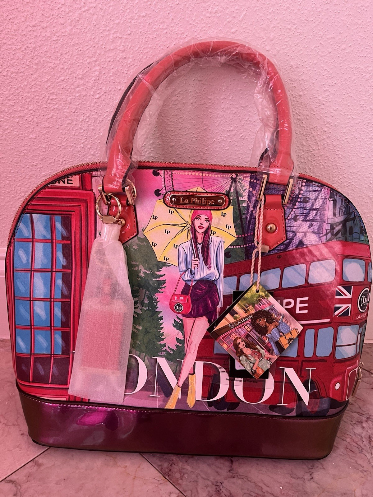 La Philippe London Graphic Print Satchel Top Handle Zip Handbag Multicolor