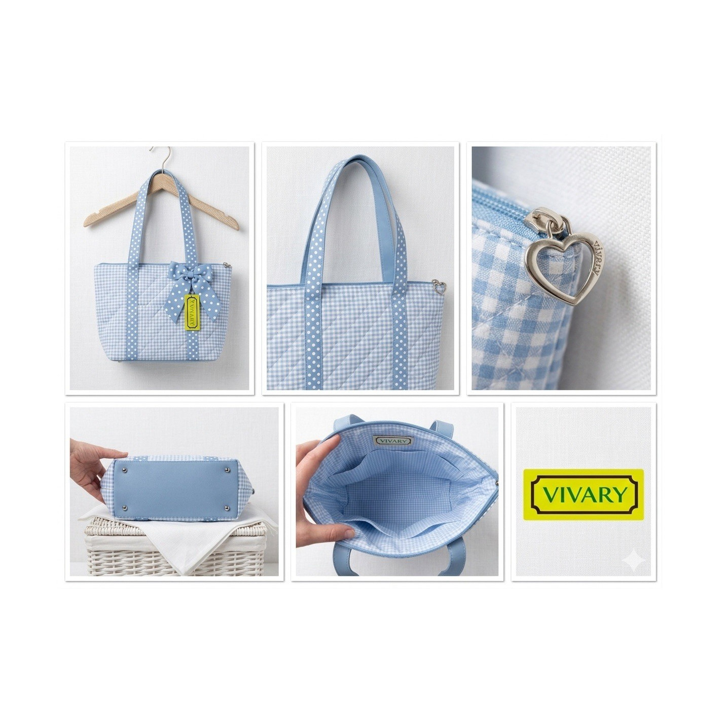 VIVARY Light Blue/White Gingham Tote Bag Zip Top Bow Heart Charm Lined