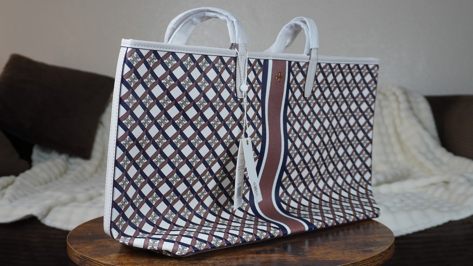 NEW Tory Burch Ella Tote Bag Large Ivory Multi Geo Logo Stripe Canvas NWT