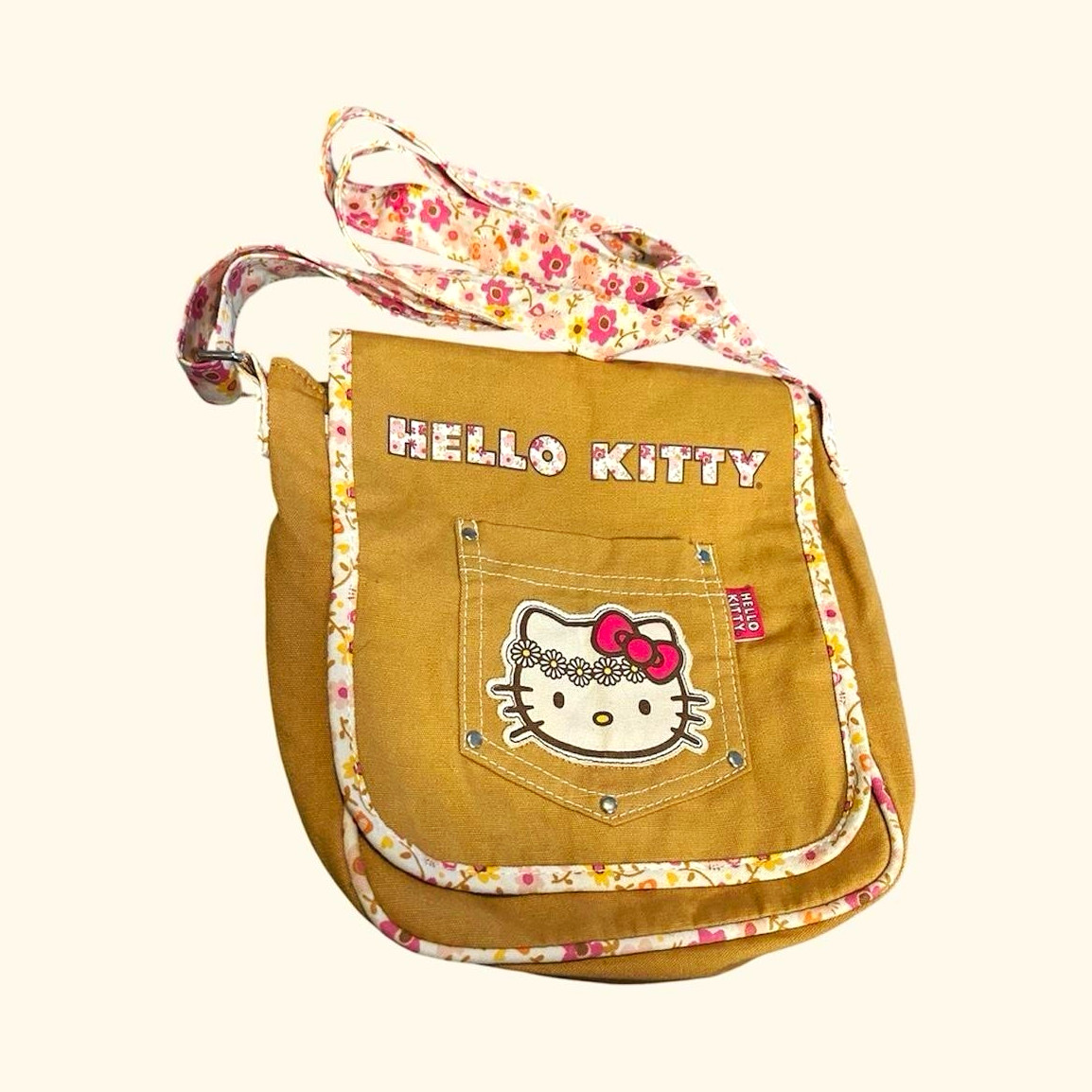 Loungefly Hello Kitty Sanrio Shoulder Bag Brown Canvas, Floral Strap, Pockets