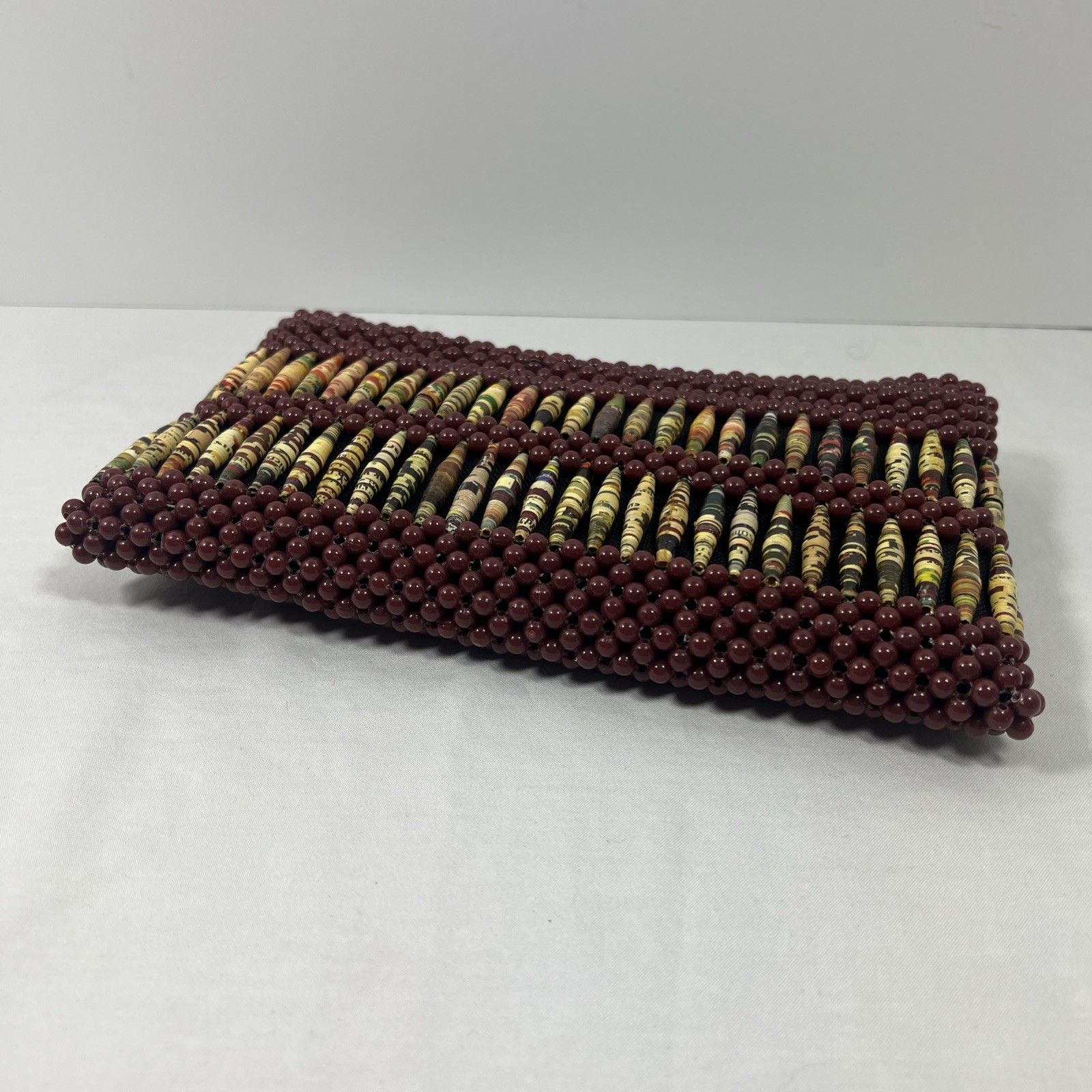 Recycled Paper Hand Beaded Clutch Bag Purse Artisan Maroon Fabric Lined Zipper