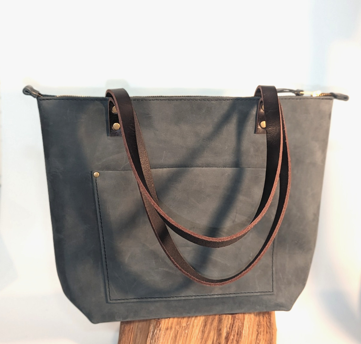 Portland Leather Goods STORM Medium Zip Tote Grizzly Handles