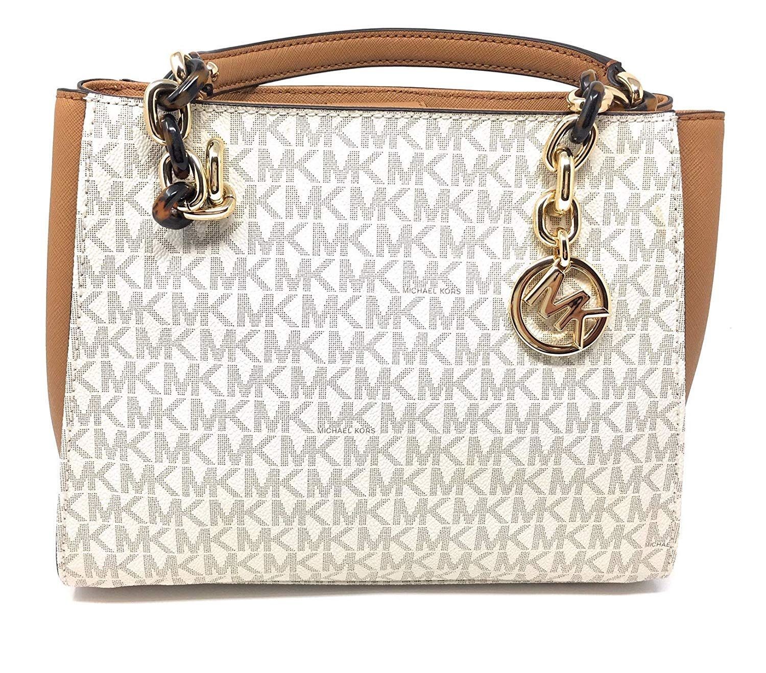 Michael Kors Sofia Leather Medium Tote Bag Vanilla Ivory Brown MK Logo Gold New