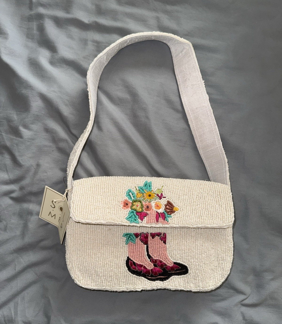 White Beaded Shoulder Bag with Boots and Flowers New with Tags