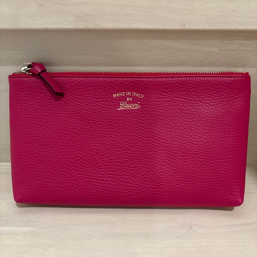 GUCCI 368881 Leather Pouch Clutch Bag Magenta Women Auth 5.11 x 9.84 x 1.57inch