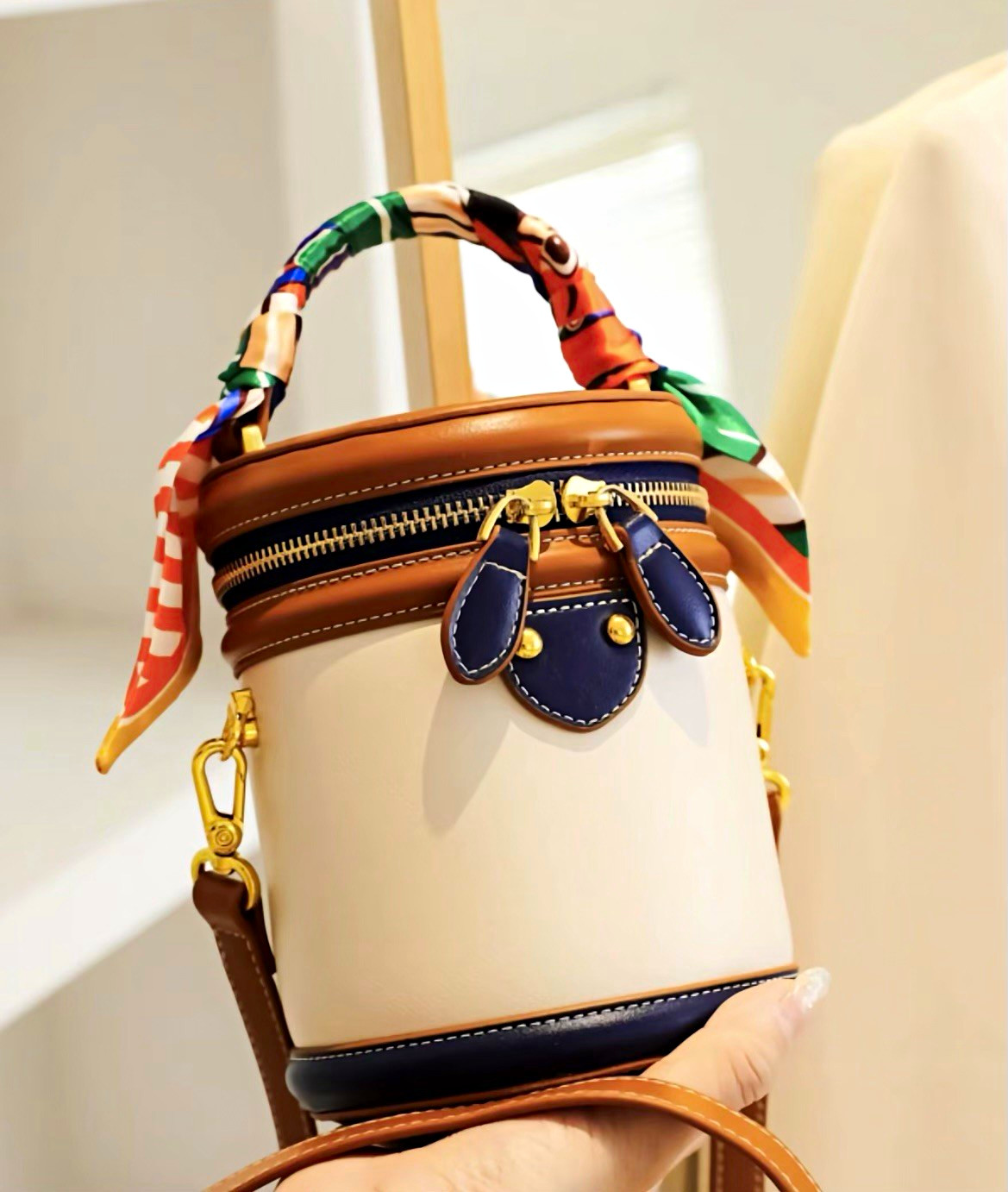 Small Colorblock Cylinder Crossbody Bag Top Handle Zip Detachable Strap