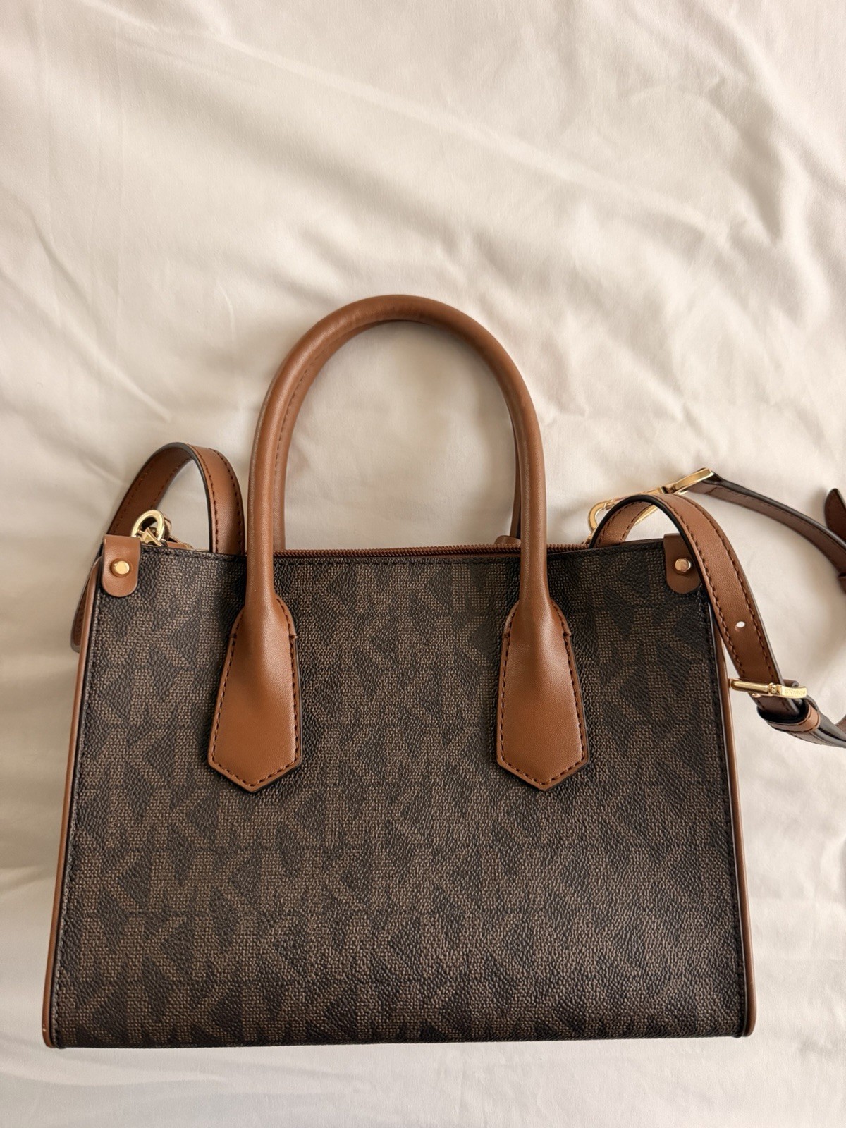 Michael Kors Brown/Tan Logo Satchel Top Handle, Zip, Gold Hardware, Charm Strap