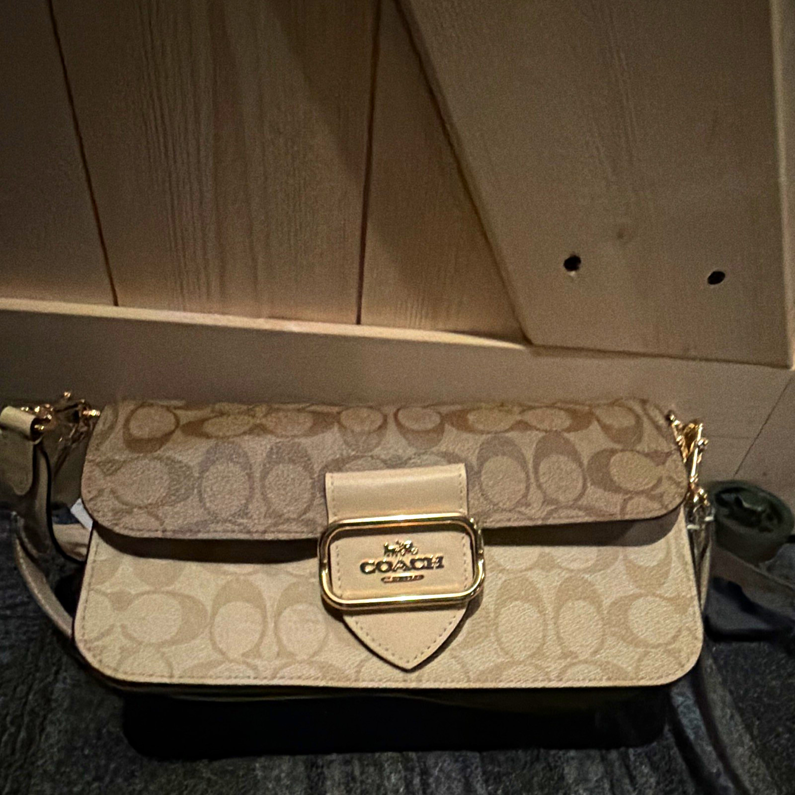 Coach Signature Flap Crossbody Bag Beige/Brown Gold Hardware Detachable Strap
