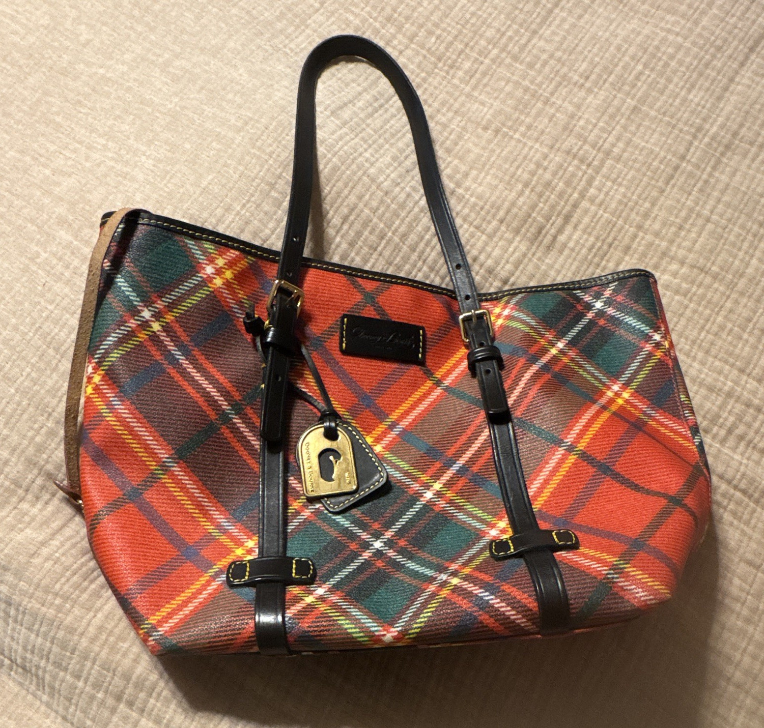 Dooney & Bourke Large Red Plaid Tote, Gold Hardware, Lined, Inner Pockets