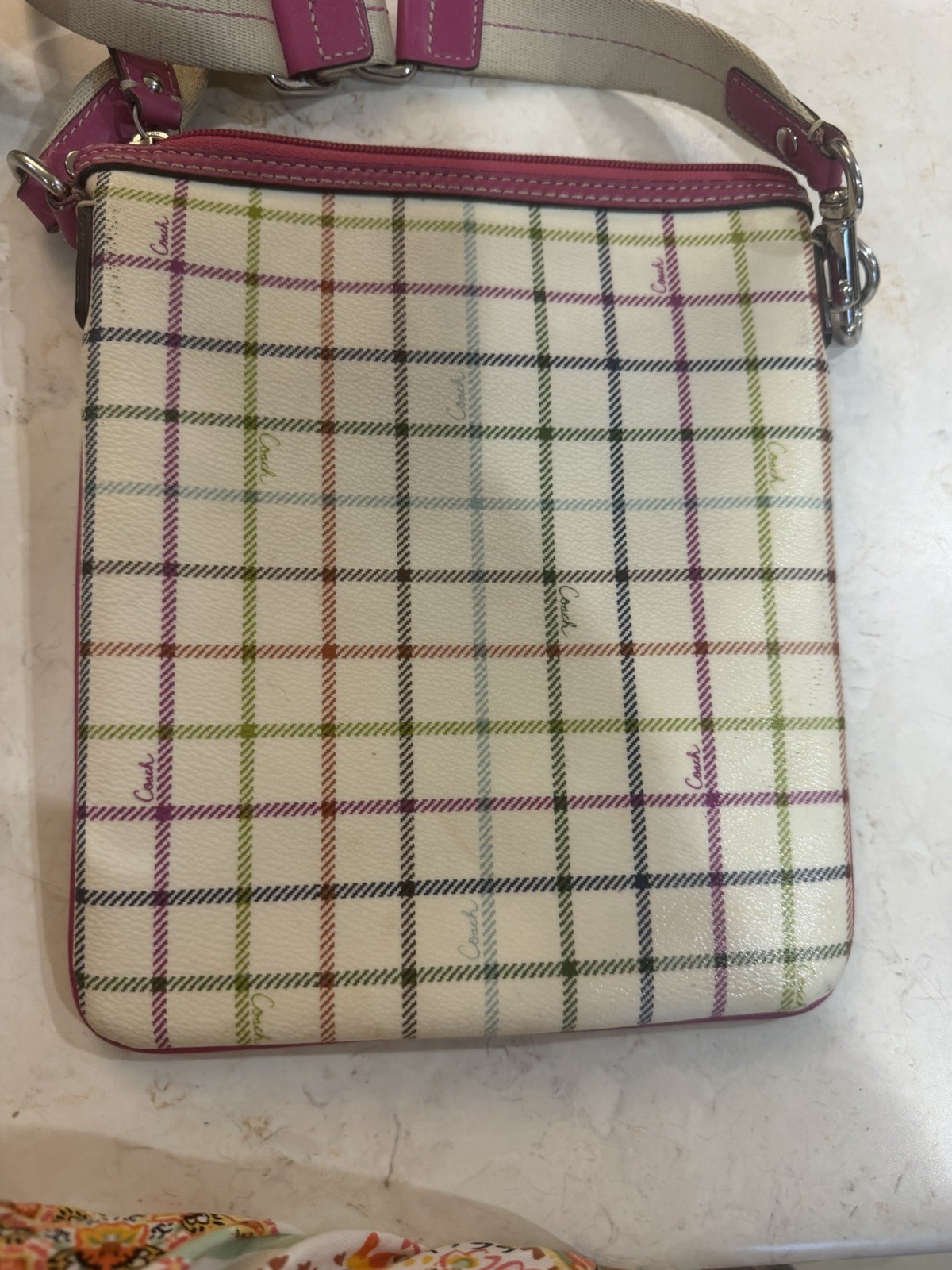 Coach Plaid Small Crossbody Bag Zip Top Adjustable Strap Charm Silver Hardware
