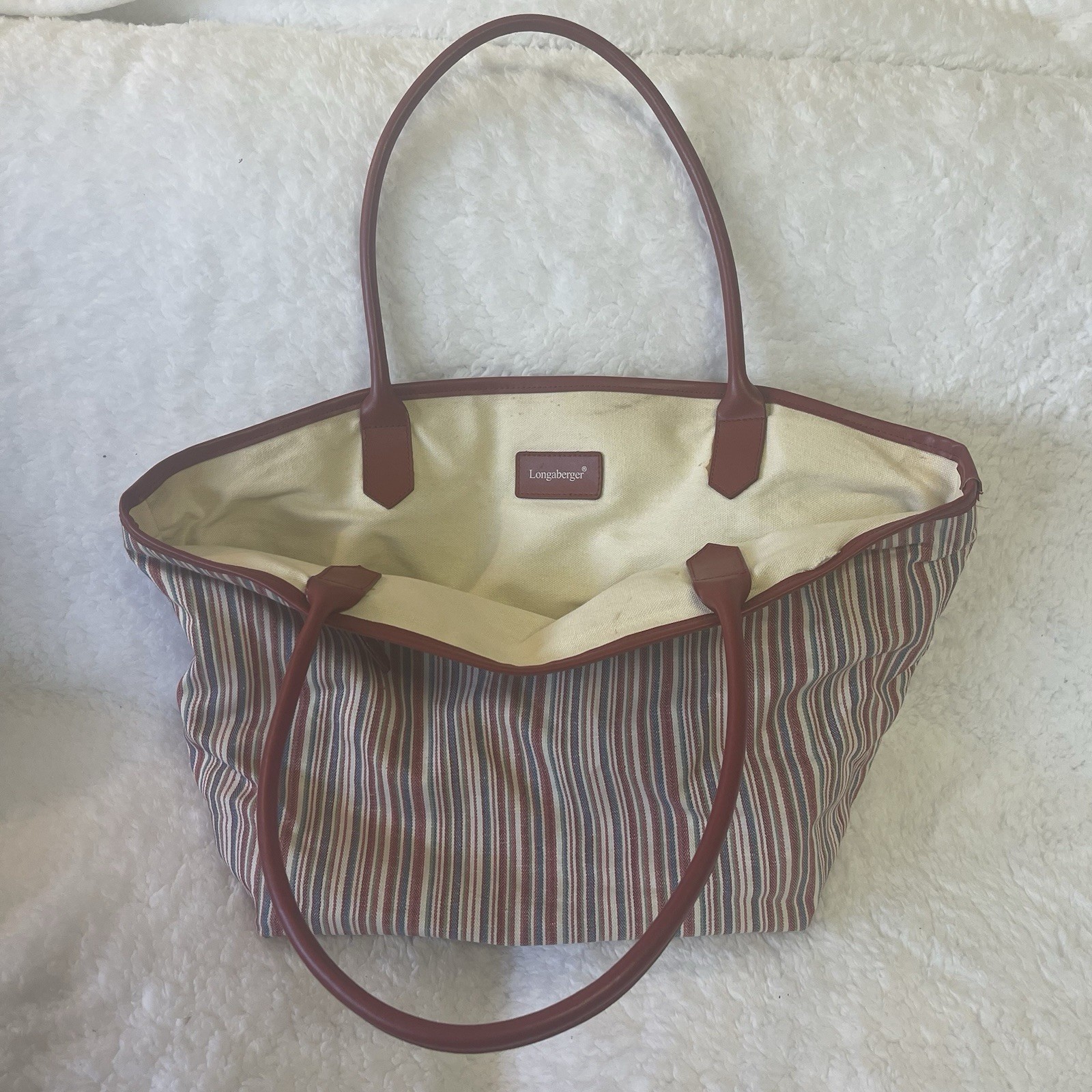 LONGABERGER Striped Canvas Tote Bag Burgundy/cream Purse Handbag Shoulder Bag