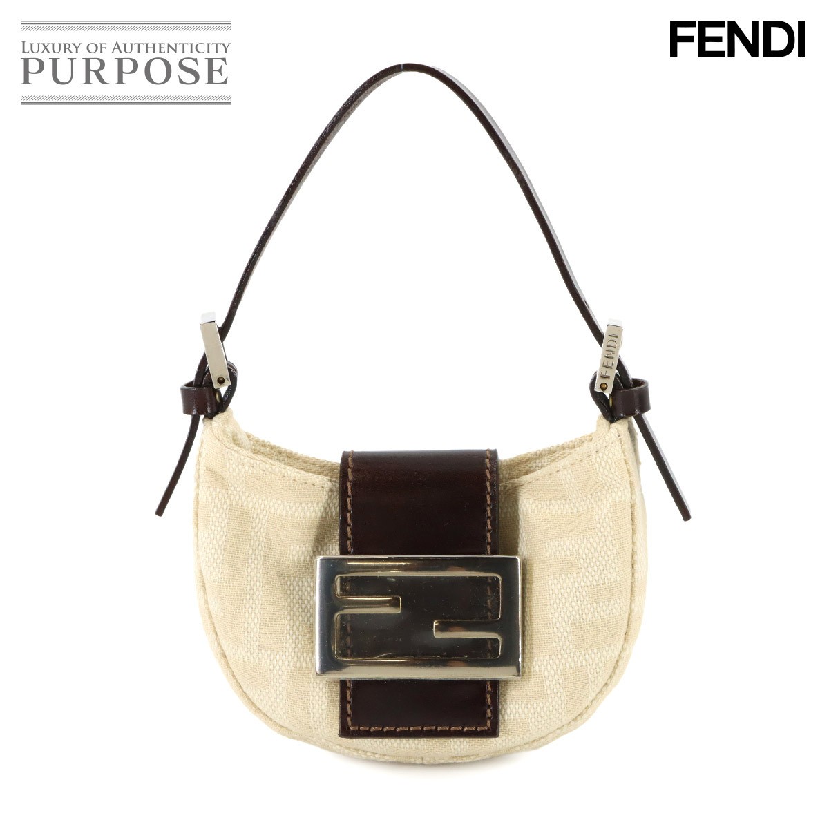 FENDI Zucca mini croissant pouch canvas leather beige brown 26673 silver hardwar
