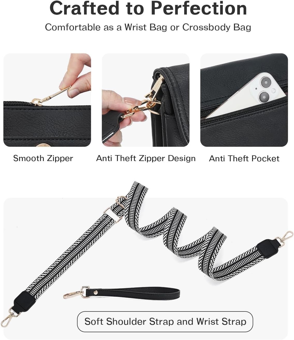 Women’s Small Leather Crossbody Bag with Adjustable Strap Black