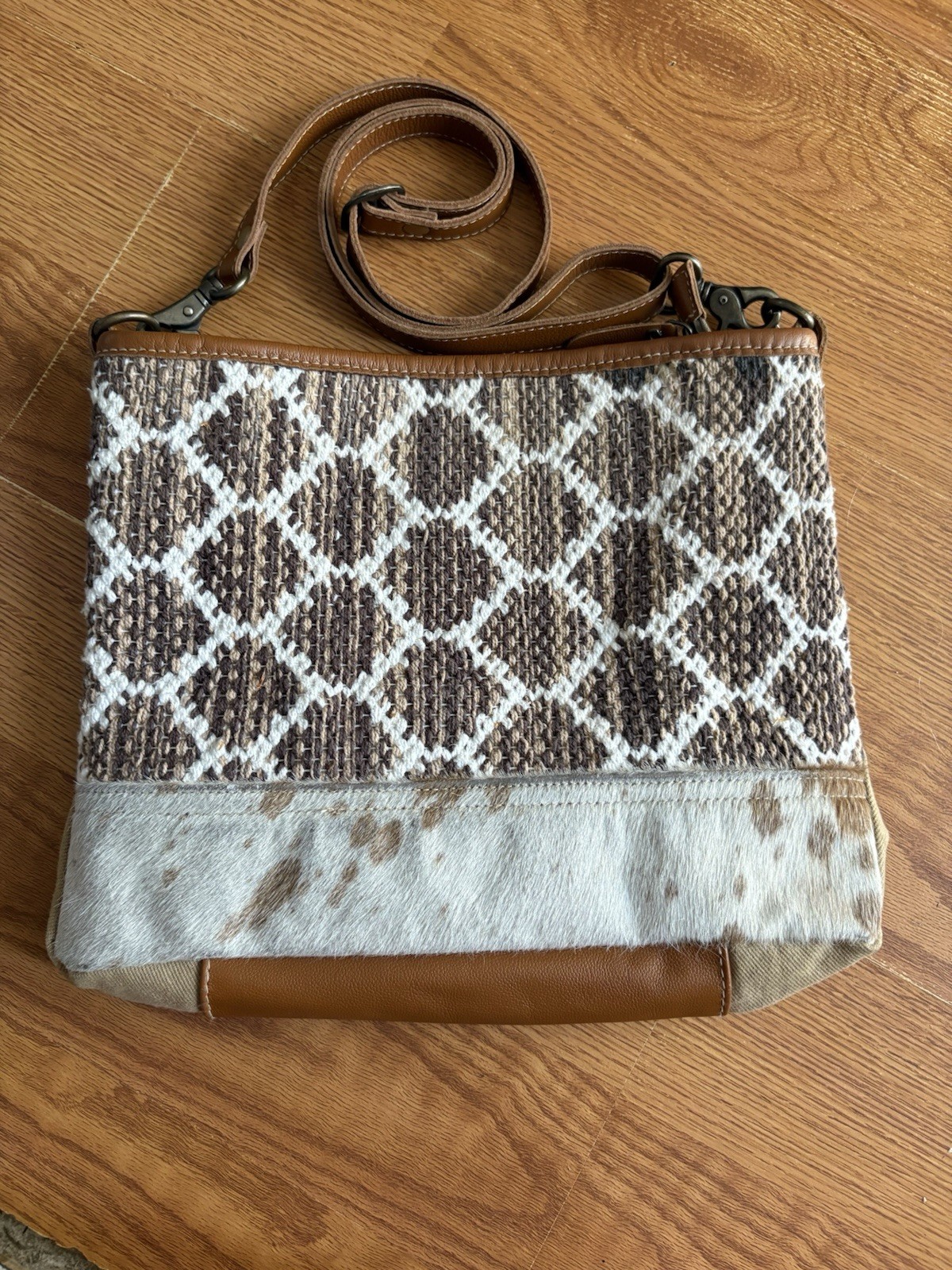 Myra Crossbody Bag Purse Hair On Hide Leather Accent Purse Neutral Colors 11×13