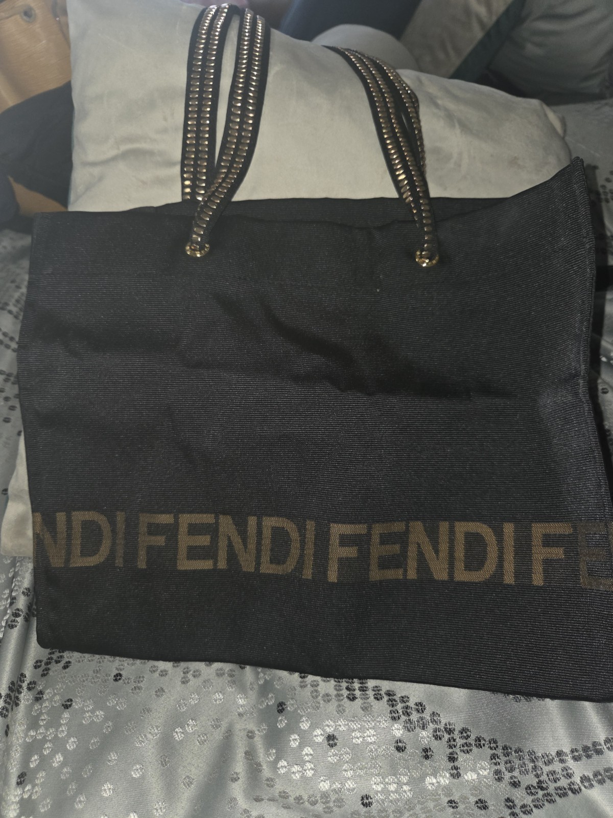 FENDI Women’s Large Black Logo Tote Double Handles Gold Hardware Coin Purse