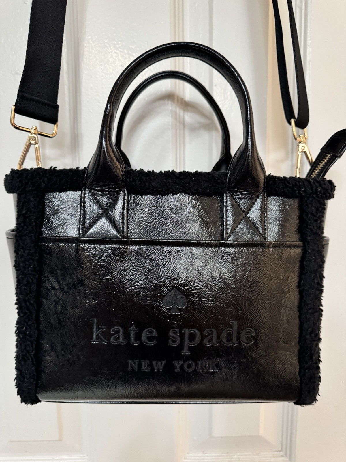 kate spade new york Black Small Satchel Fur Trim Zip w/ Detachable Strap