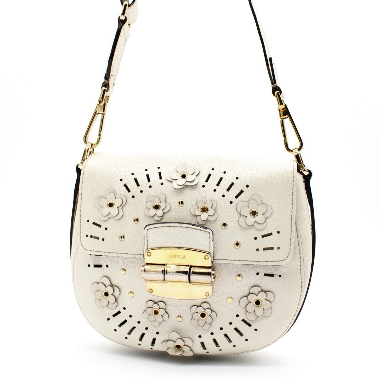 Furla Club Mini Flower Motif Leather Ivory Crossbody Shoulder Bag Gold Hardware