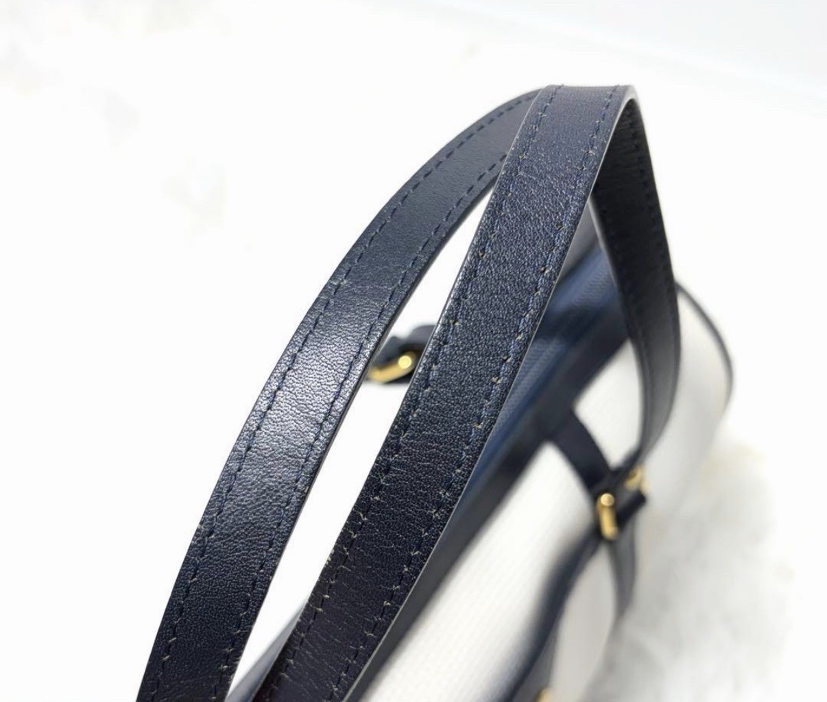 Yves Saint Laurent Vintage White Navy Boston Handbag Gold Logo YSL