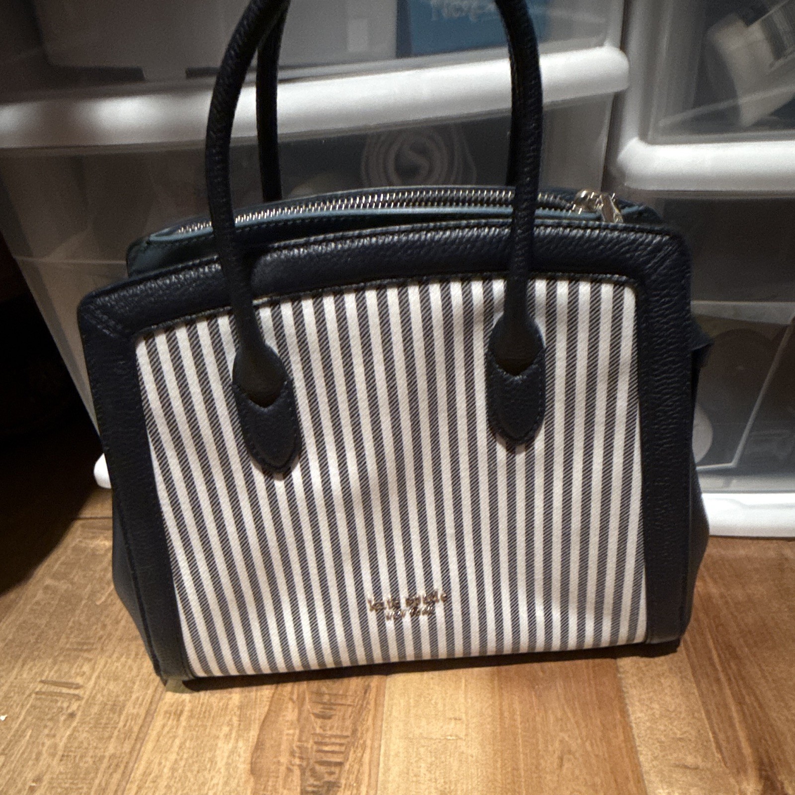 kate spade new york Striped Satchel Zip Top Bag Navy/White w/ Detachable Strap