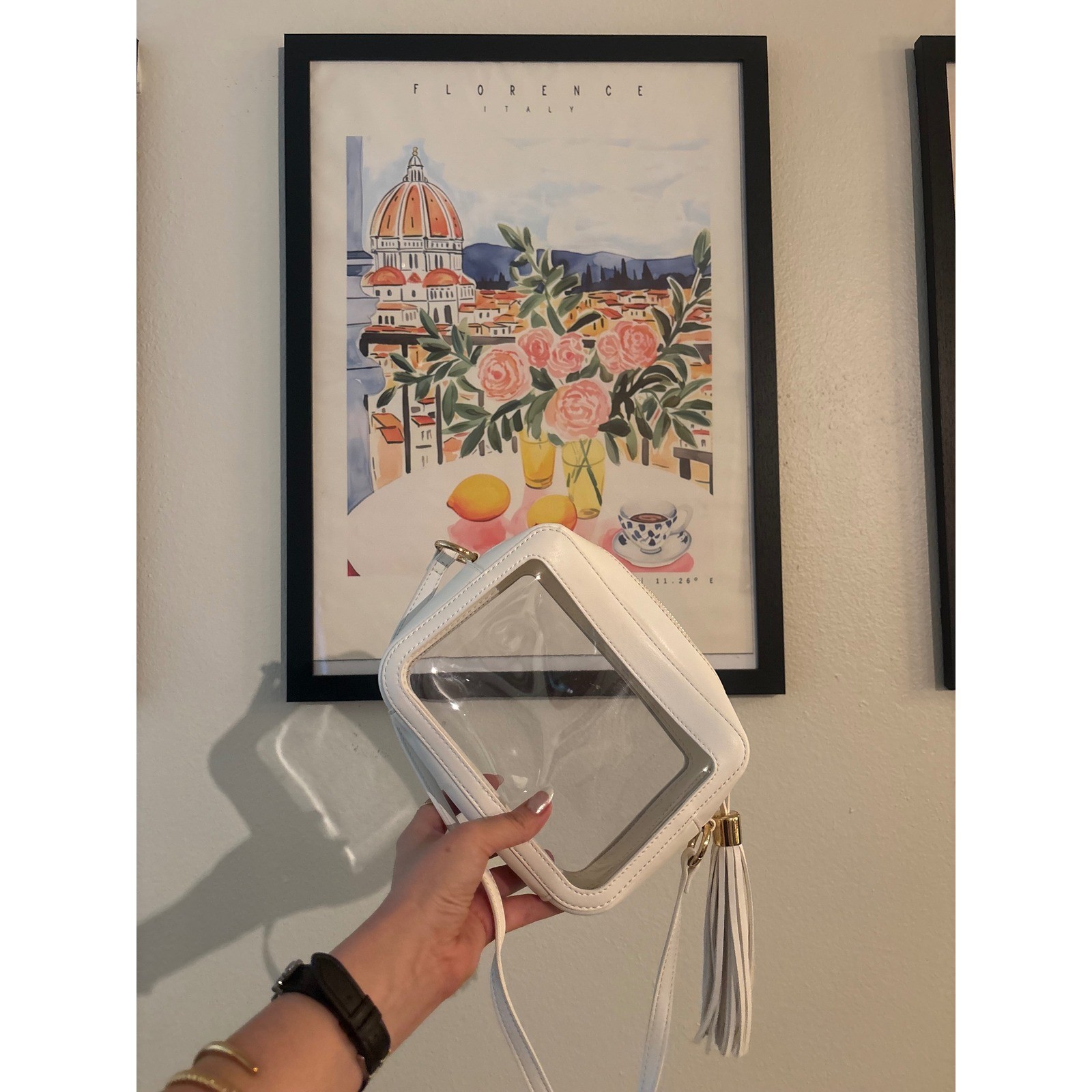 Clear Stadium Crossbody Bag White Faux Leather Trim Tassel Game Day Purse
