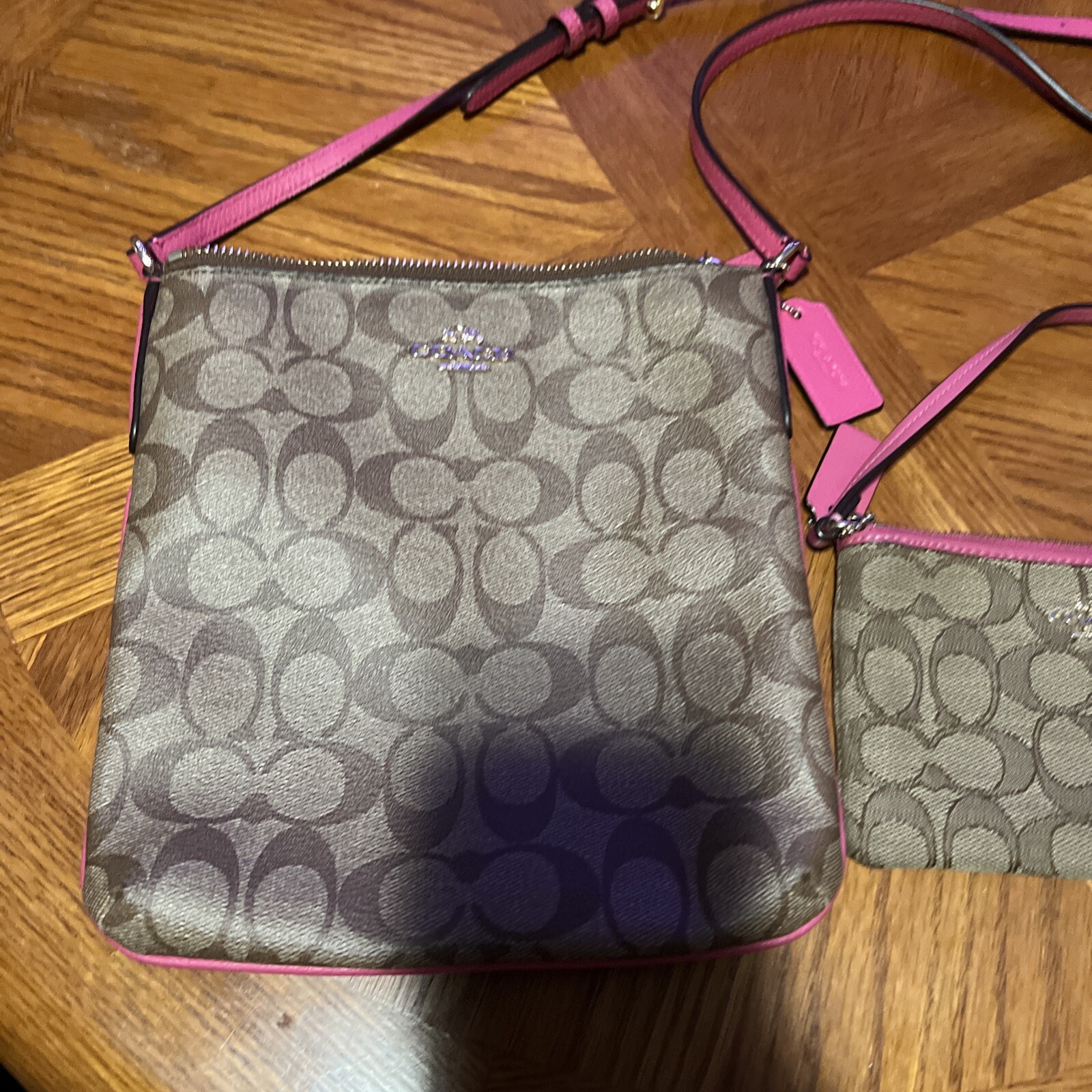 Coach Signature Crossbody Bag Brown with Pink Ruby With Matching Wristlet