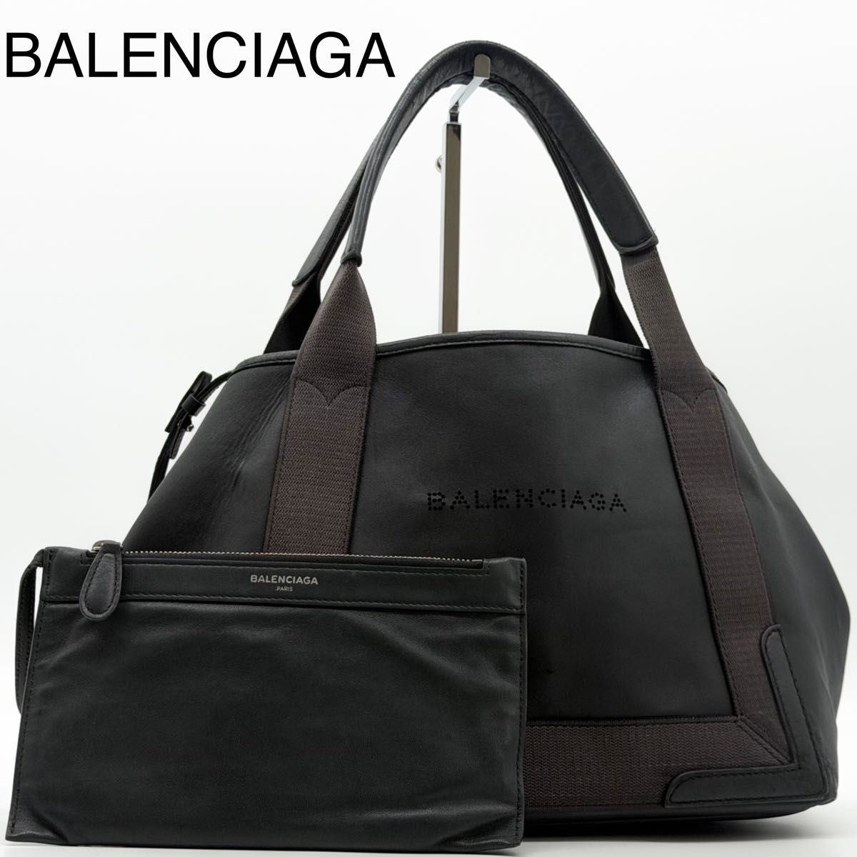 BALENCIAGA Navy Cabas S Handbag Tote Bag Punching Leather