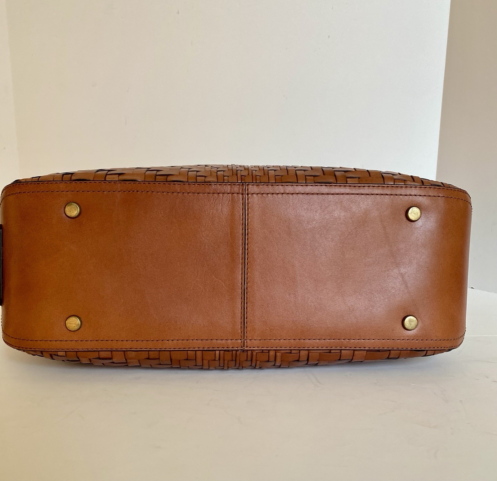 Cole Haan Genevieve Woven Leather Small Triangle Tote Cognac Saddle EUC – $450