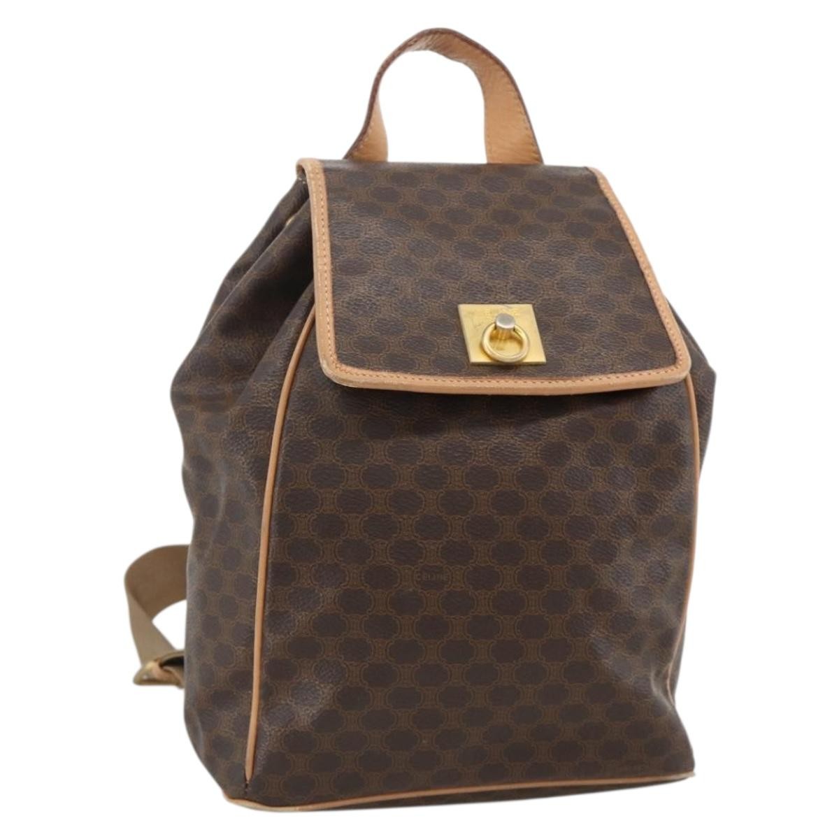 CELINE Macadam Canvas Backpack PVC Leather Brown Gold Auth ARZ862