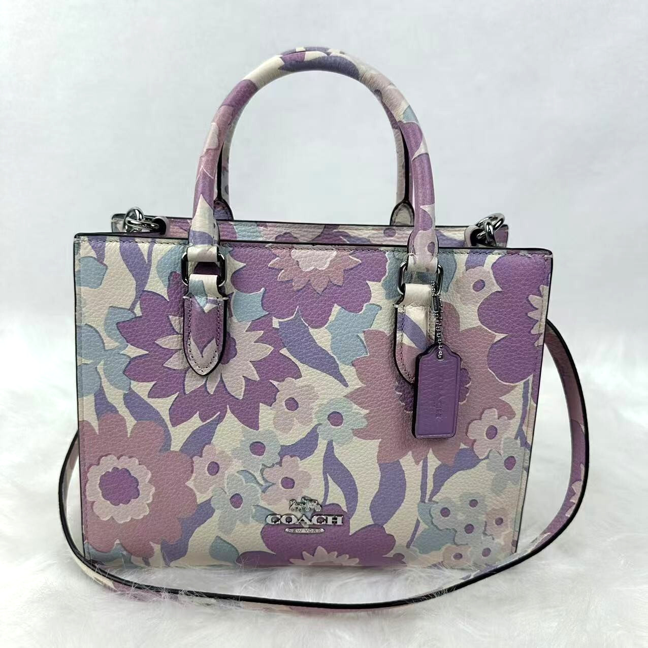 COACH Maggie Small Tote Bag Crossbody Floral Print In Leather Ivory/Purple CBM08