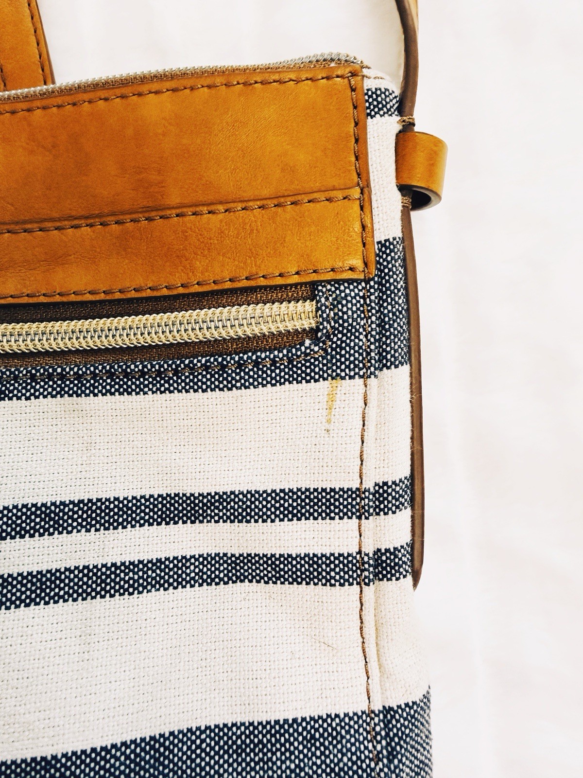 Fossil Canvas Stripe Crossbody Bag Cream Navy Leather Trim Adjustable Strap