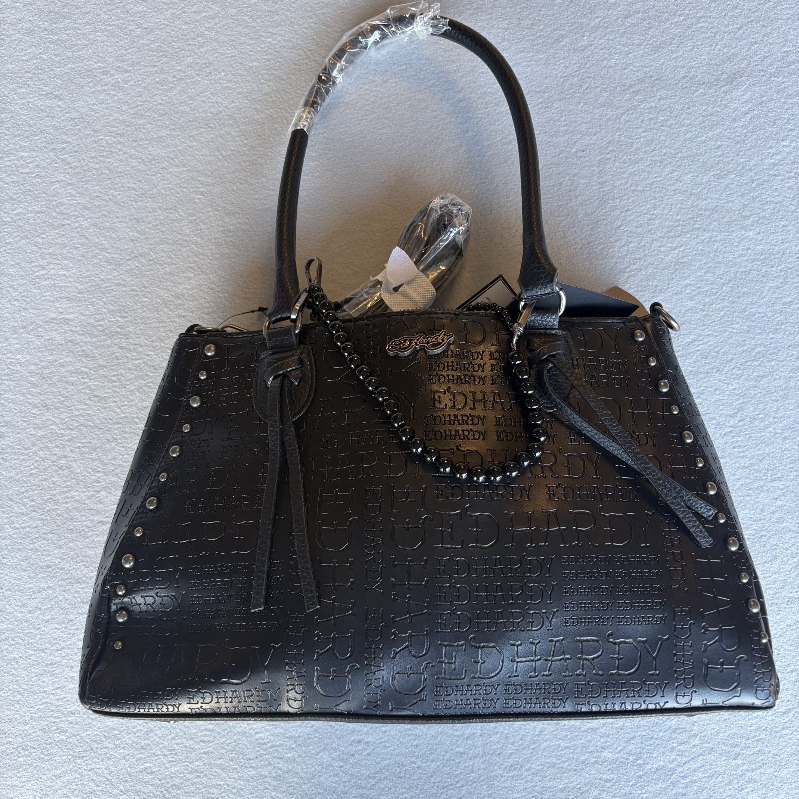 Ed Hardy Black Embossed Logo Satchel Handbag Studded Shoulder Bag Tote Y2K NWT