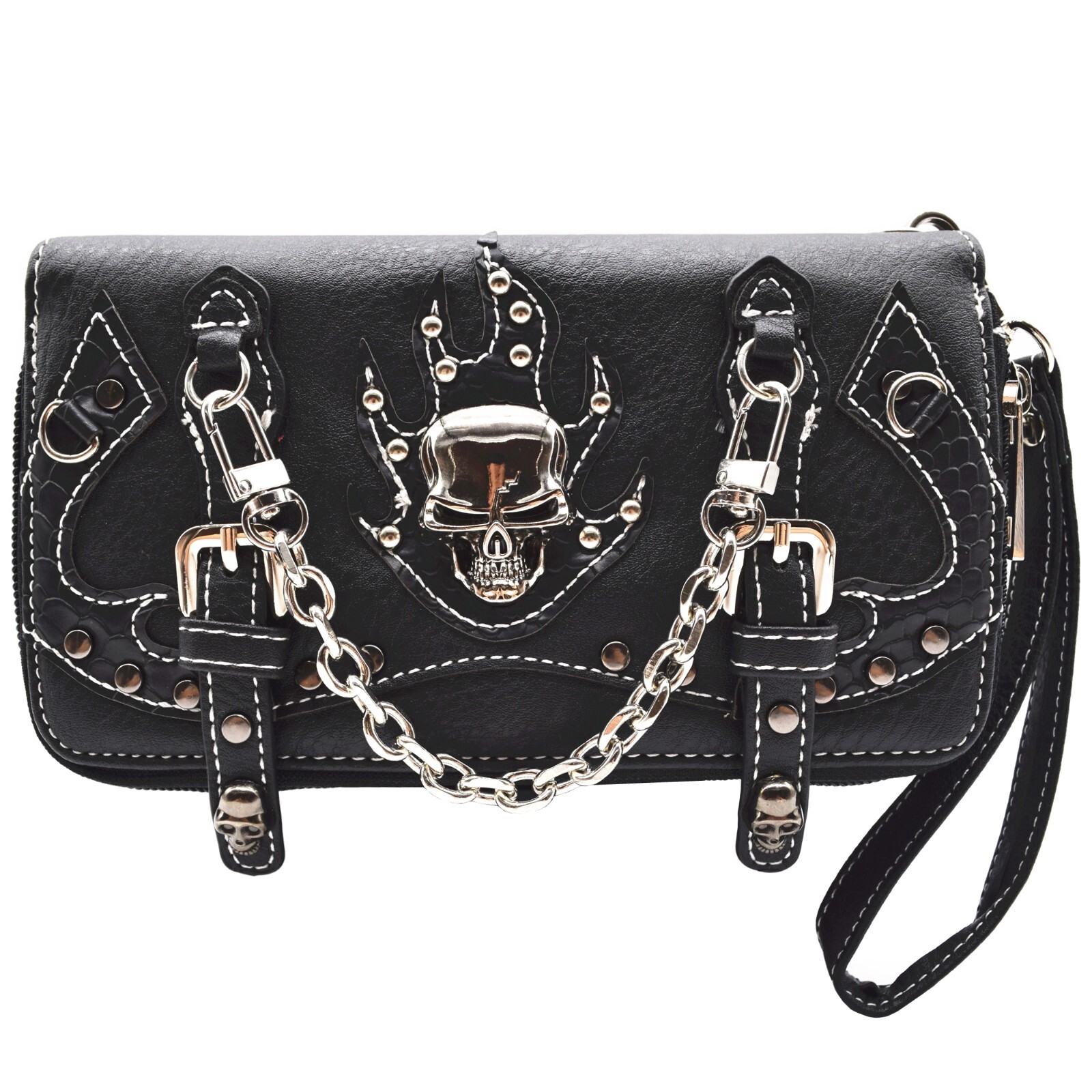Gothic Flame Skull Handbag Punk Purse Women Shoulder Bag Crossbody Wallet Black