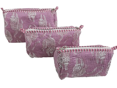 Set of 3 Hand Block Print Cotton Toiletry Bag Quilted Travel Pouches Pink