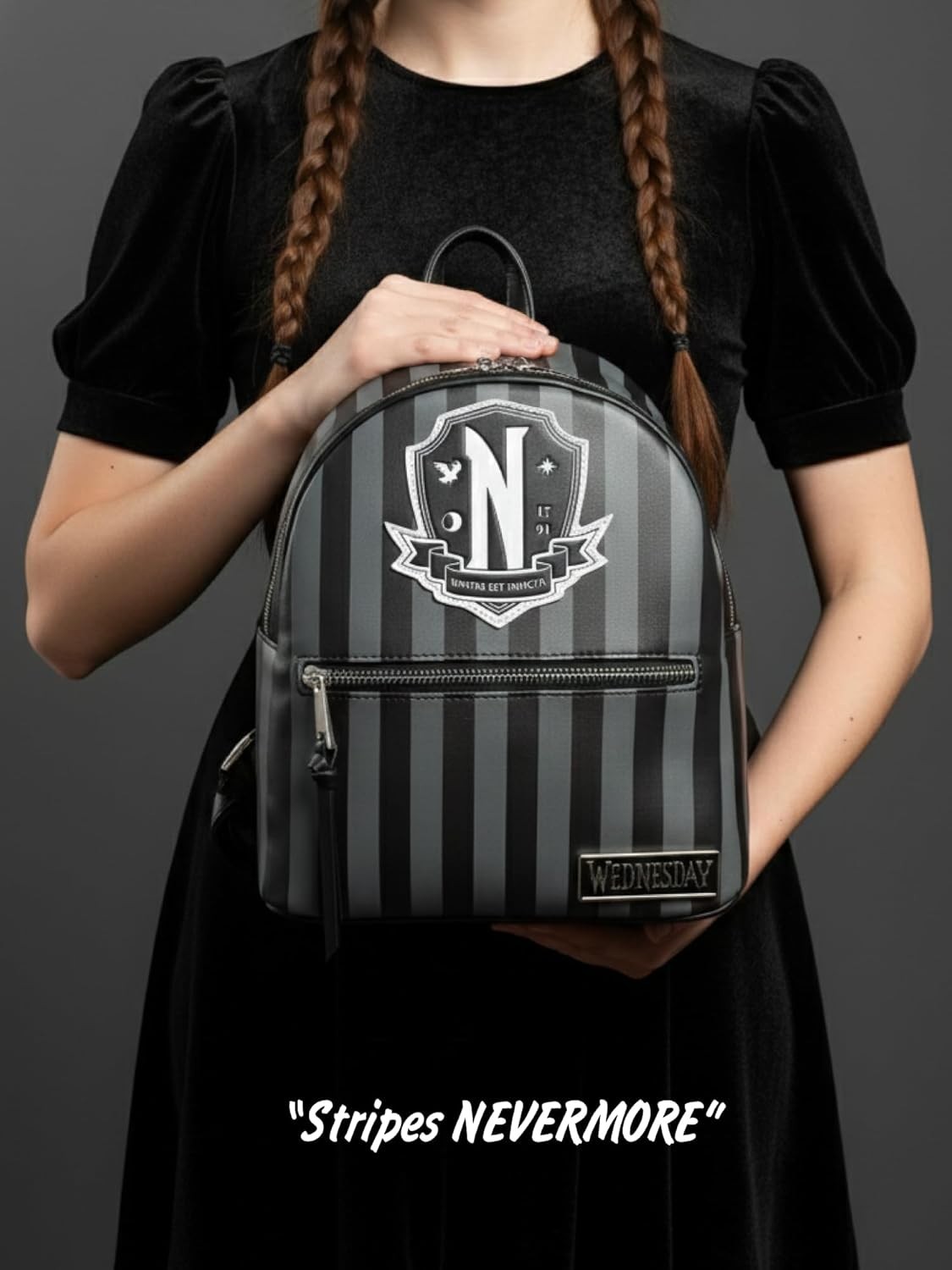 Officially Licensed Wednesday Logo with Black and Gray Striped Mini Backpack